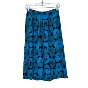 Sophisticates Vintage 80's Blue Black Pleated A-line Rayon Zipper Midi Skirt